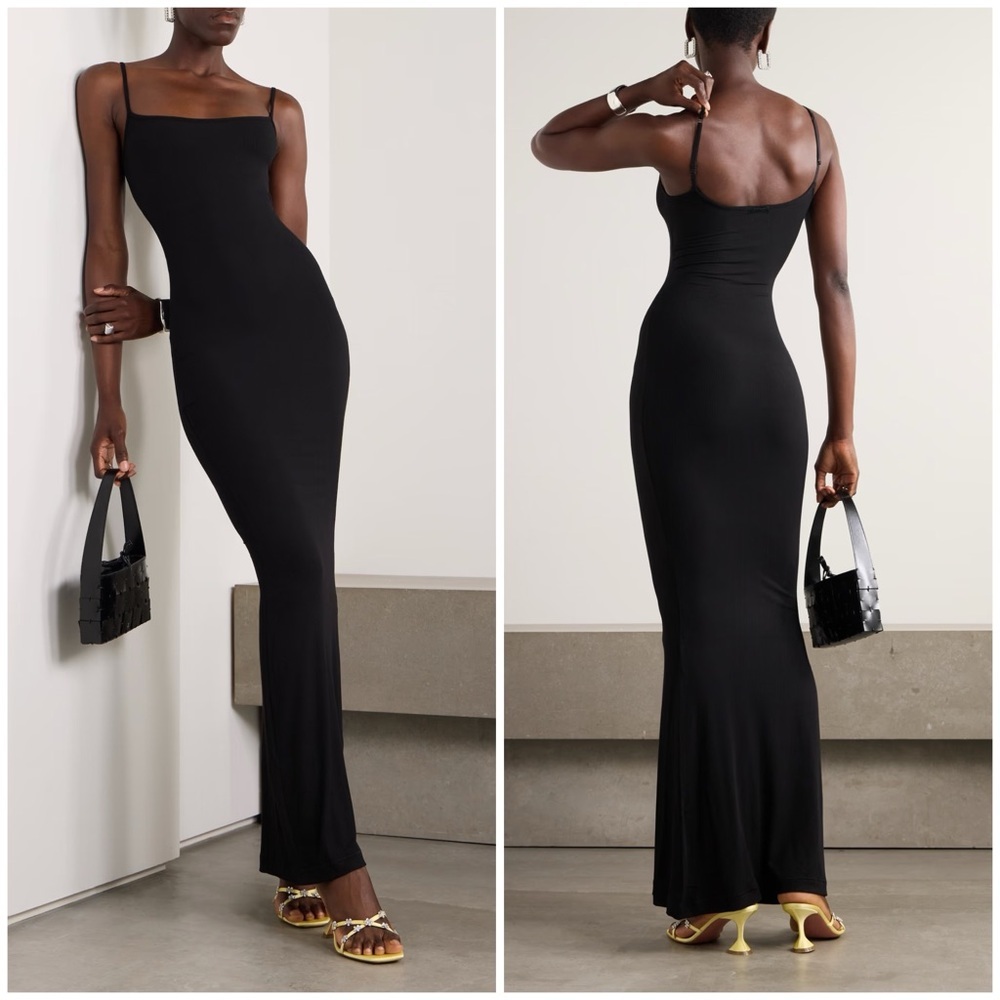 Skims Ribbed Long Slipdress Onyx Size M